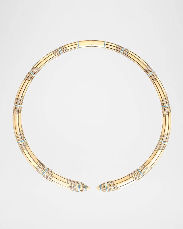 18K Yellow Gold Woven Choker Necklace with Turquoise HyCeram and Diamonds
